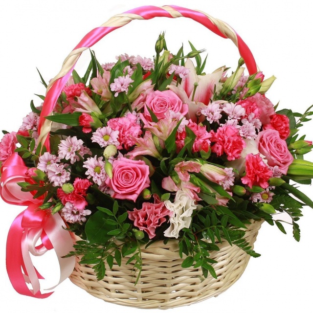 Композиция из Роз, Гвоздик и Лизиантуса в корзине «Рассвет и нежность» Композиция из Роз, Гвоздик и Лизиантуса в корзине «Рассвет и нежность»
