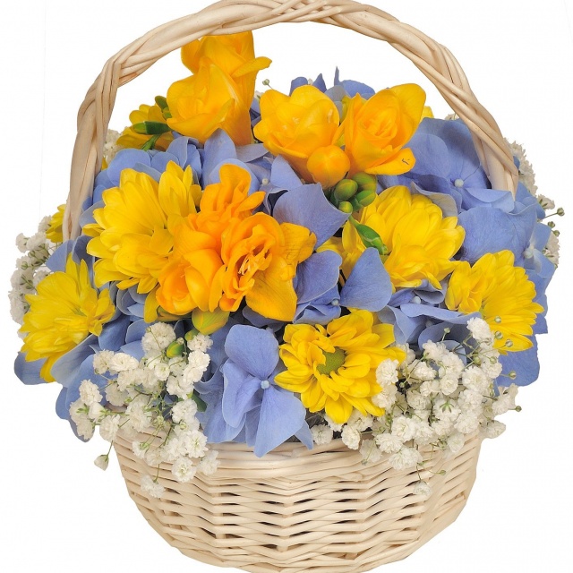 Композиция из Гортензий, Хризантем и Фрезий в корзине «Веселое звено» Композиция из Гортензий, Хризантем и Фрезий в корзине «Веселое звено»