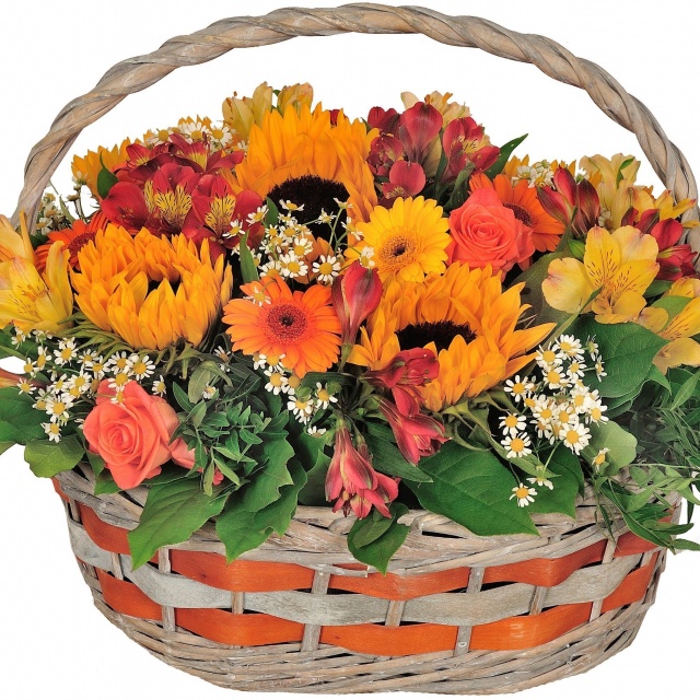Композиция из Подсолнухов, Роз и Альстромерий в корзине «Восход» Композиция из Подсолнухов, Роз и Альстромерий в корзине «Восход»