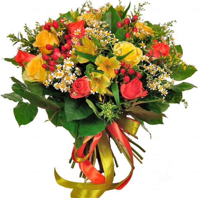 Букет из Роз, Ромашек и Альстромерии «Летний вечер» Букет из Роз, Ромашек и Альстромерии «Летний вечер»