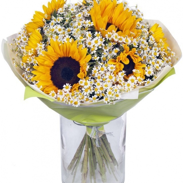 Букет из Подсолнухов и Ромашек «Летнее утро» Букет из Подсолнухов и Ромашек «Летнее утро»