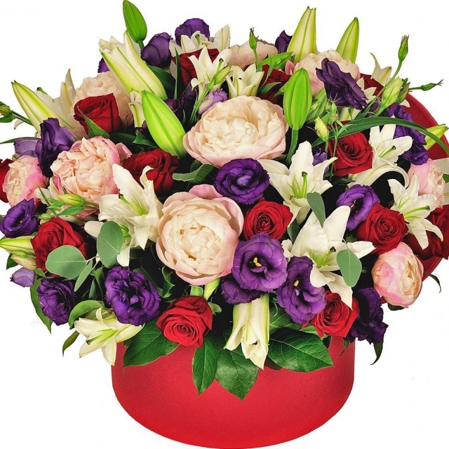 Композиция из Пионов, Лилий и Лизиантуса в шляпной коробке «Сказочный бал» Композиция из Пионов, Лилий и Лизиантуса в шляпной коробке «Сказочный бал»