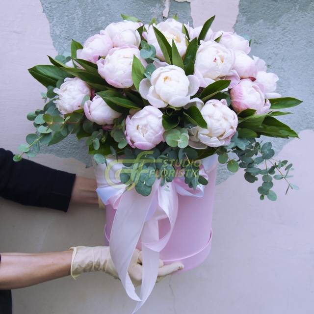 Композиция из Пионов в шляпной коробке «Пломбир» Композиция из Пионов в шляпной коробке «Пломбир»