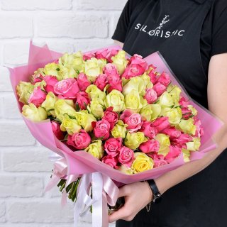 Роза Кения бело-розовый микс 101шт 40 см