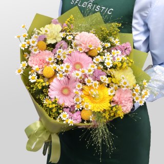 Букет из Ромашек, Гвоздик и Гермини «Песня луга» Букет из Ромашек, Гвоздик и Гермини «Песня луга»