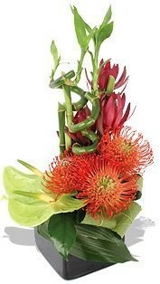 Композиция из Антуриума, Бамбука и Леукадендрона «Твист и крик» Композиция из Антуриума, Бамбука и Леукадендрона «Твист и крик»