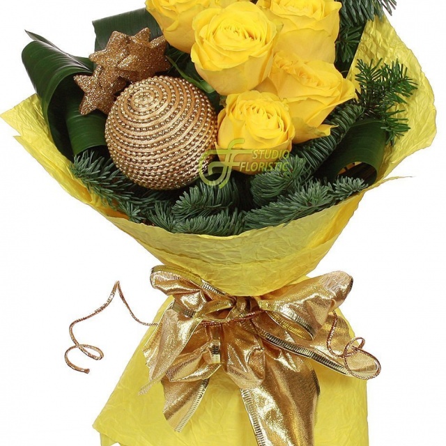 Новогодний букет из Ели, Роз и Аспидистры «Зимнее солнце» Новогодний букет из Ели, Роз и Аспидистры «Зимнее солнце»