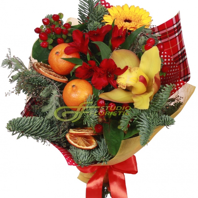 Новогодний букет из Ели, Орхидеи и Альстромерии «Зимний витамин» Новогодний букет из Ели, Орхидеи и Альстромерии «Зимний витамин»