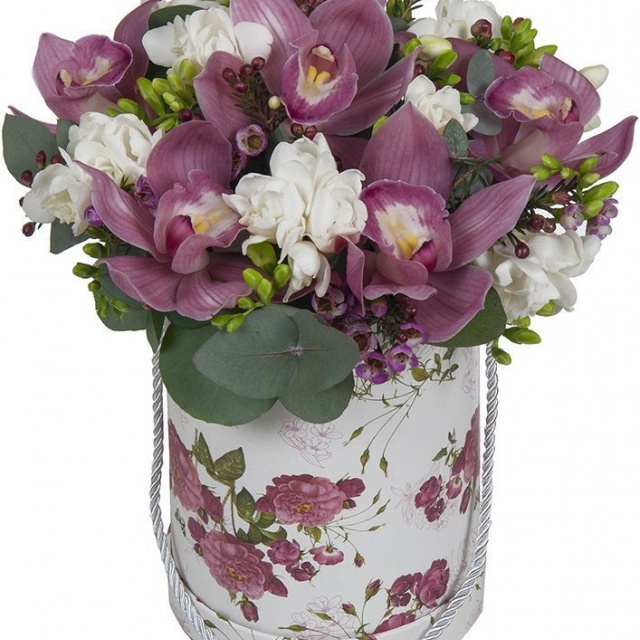 Композиция с Орхидеями и Фрезиями в шляпной коробке «Величие и нежность» Композиция с Орхидеями и Фрезиями в шляпной коробке «Величие и нежность»