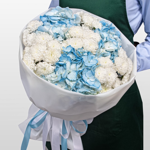 Букет из Гортензий и Хризантем Сантини «Северная нежность» Букет из Гортензий и Хризантем Сантини «Северная нежность»
