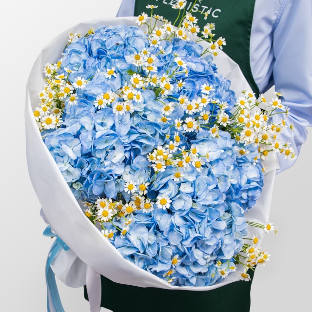 Букет из Гортензий и Ромашек «Свидание у моря» Букет из Гортензий и Ромашек «Свидание у моря»