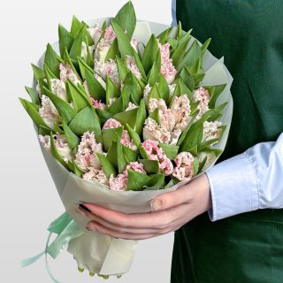 Букет махровых бело-розовых Тюльпанов 51 шт «Хрустальный Край» Букет махровых бело-розовых Тюльпанов 51 шт «Хрустальный Край»