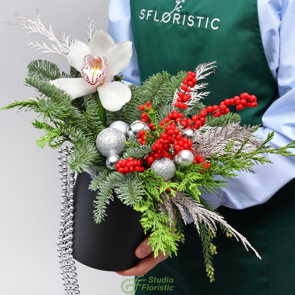Новогодняя композиция из Нобилиса, Туи и Орхидеи в коробке «Серебряный Вальс» Новогодняя композиция из Нобилиса, Туи и Орхидеи в коробке «Серебряный Вальс»