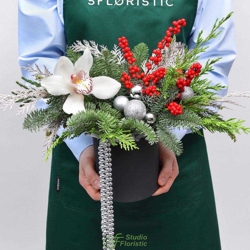 Новогодняя композиция из Нобилиса, Туи и Орхидеи в коробке «Серебряный Вальс» Новогодняя композиция из Нобилиса, Туи и Орхидеи в коробке «Серебряный Вальс»