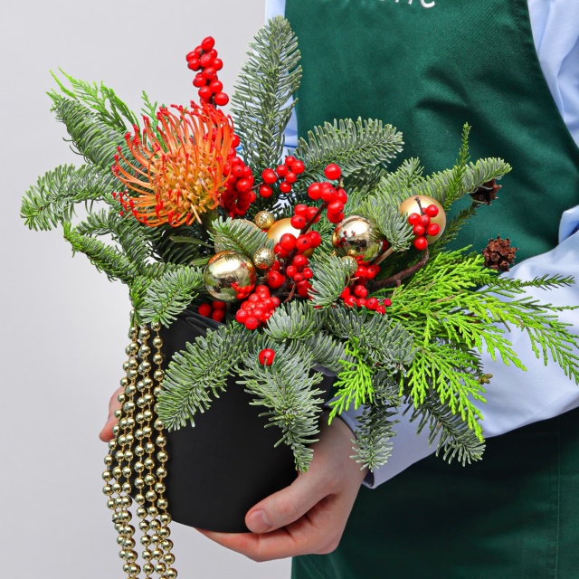 Композиция из Нобилиса, Туи и Леукаспермума в коробке «Путеводная Звезда» Композиция из Нобилиса, Туи и Леукаспермума в коробке «Путеводная Звезда»